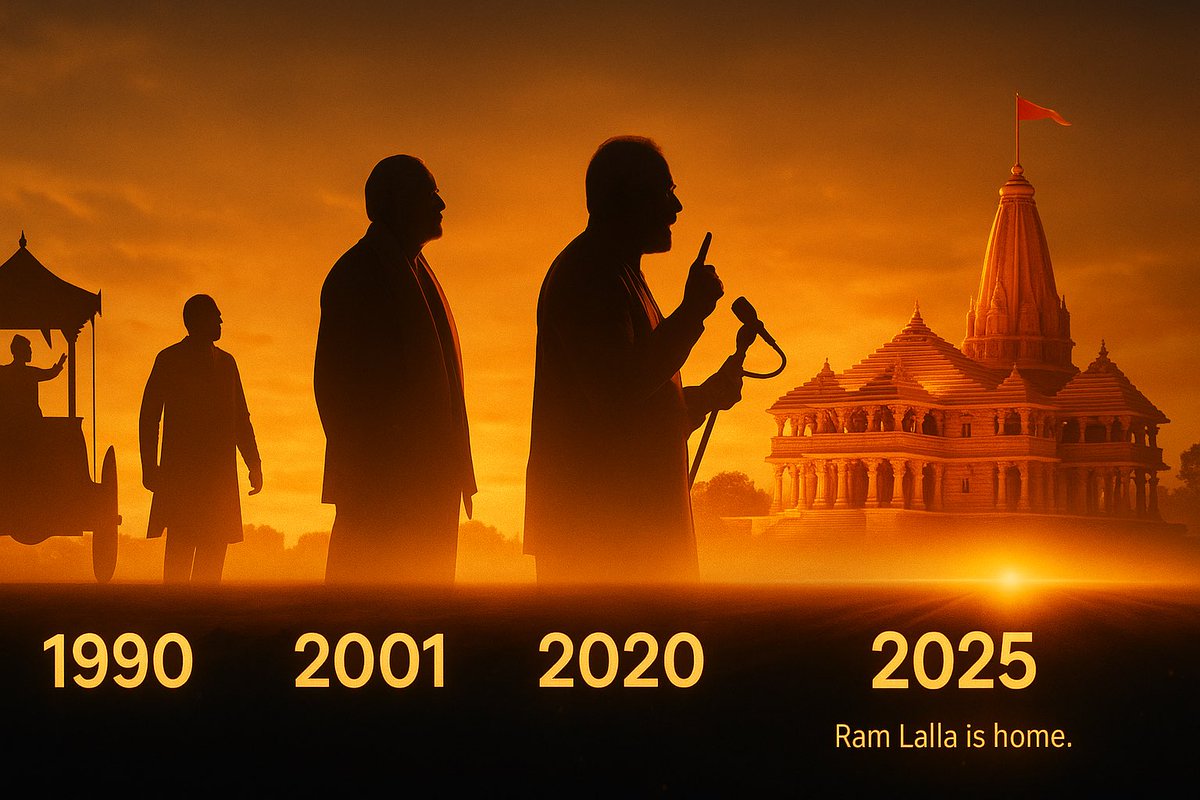 HemanNamo's tweet image. Modi &amp;amp; Ram Mandir: 

From #RathYatra to #Dhwajarohan 

1️⃣ /6

The Ram Mandir movement spans generations — but one man has walked with it from the trenches to the summit: Narendra Modi.
From organising the 1990 Rath Yatra to leading tomorrow’s Dharma Dhwaj Arohan, his journey…