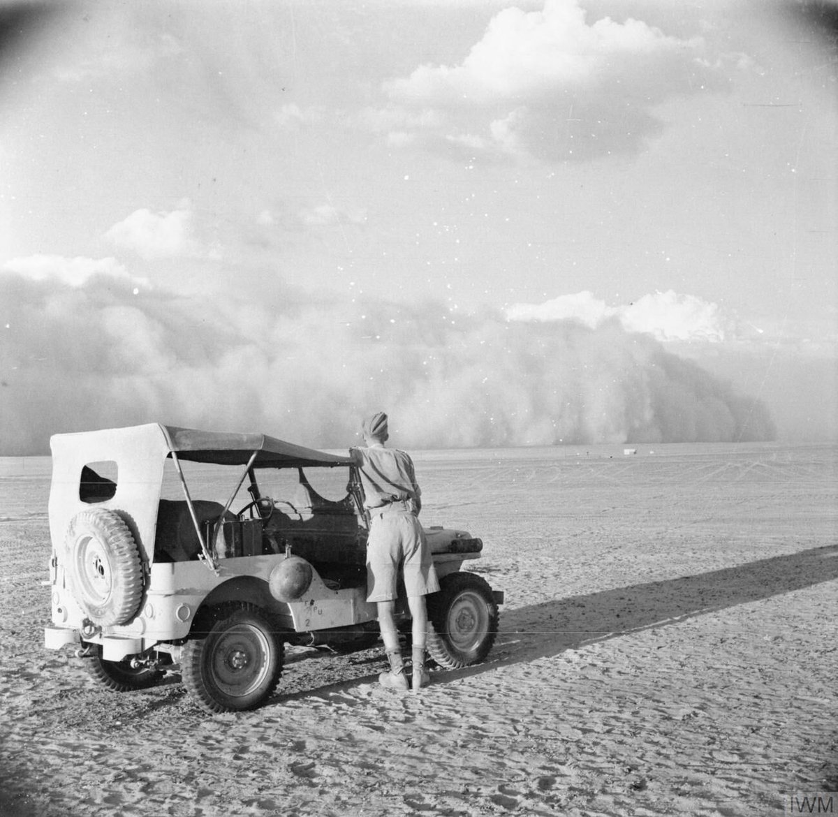 TimeDecoded's tweet image. The British Army in North Africa 1942
A soldier watches an approaching sandstorm from beside his jeep, October 1942.

#WW2 #ElAlamein #NorthAfrica #History