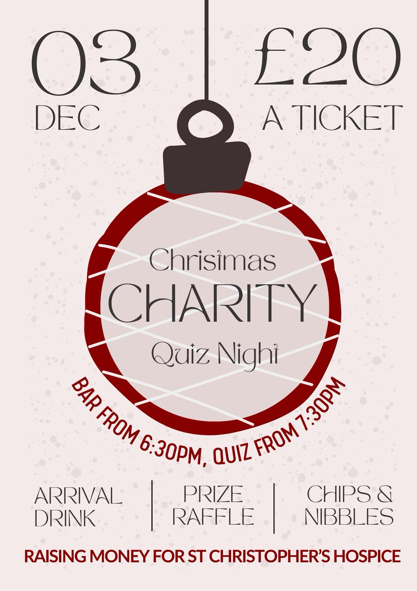 Fancy a night of festive nonsense for a genuinely great cause? We’re raising funds for St Christopher’s Hospice on December 3rd🎄.

For £20, you’ll get a welcome drink, snacks, chips and a night of quizzing. 

Enquire online, or give us a call or email to secure your table😉