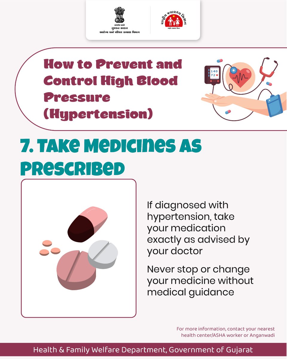 HealthDeptGuj's tweet image. Follow Doctor&apos;s instruction always...

#bloodpressure
#healthyhabits
#swasthgujarat
#healthforall
#gujarathealthdepartment
#gog

@CMOGuj