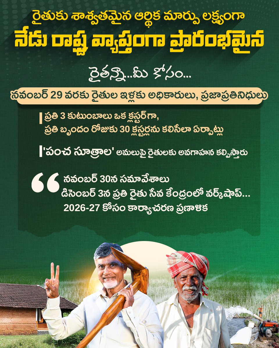 JaiTDP's tweet image. అన్నదాతకు లాభసాటి వ్యవసాయం కోసం సీఎం ప్రకటించిన నీటి భద్రత,  డిమాండ్ ఆధారిత పంటలు,  అగ్రిటెక్, ఫుడ్ ప్రాసెసింగ్, ప్రభుత్వాల మద్దతు... అనే పంచ సూత్రాలపై అన్నదాతలకు అవగాహన కల్పించేందుకు కూటమి సర్కార్ నిర్వహిస్తున్న &apos;రైతన్నా... మీకోసం&apos; కార్యక్రమం రాష్ట్ర వ్యాప్తంగా ఈరోజు…