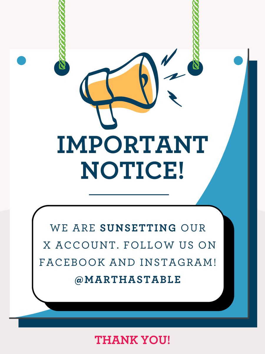 Important Notice!! 

We are discontinuing our X account and will no longer use this platform. Follow us on Facebook and Instagram @marthastable for important updates on events, resources, and more!