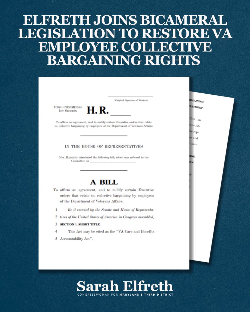 RepSarahElfreth's tweet image. Protecting our Veterans’ Affairs employees and their rights means they can continue delivering the highest quality of care possible to our veterans. President Trump’s unlawful executive order eliminating nearly 80% of union contracts for VA employees not only harms our federal…