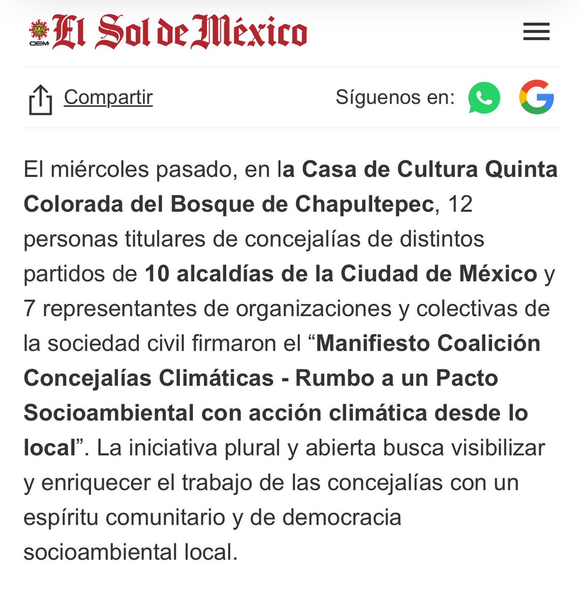 12 Concejalías, 7 organizaciones y colectivas de la #SociedadCivil conforman formalmente la Coalición de Concejalías Climáticas. ¿De qué va? ¿Para qué? 

#Hoy escribo en <a href="/elsolde_mexico/">El Sol de México</a> sobre esta iniciativa de democracia socioambiental local: oem.com.mx/elsoldemexico/… impulsada