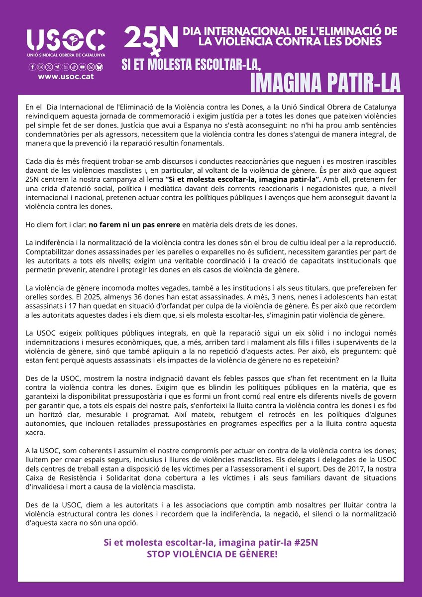 🟣 25 de novembre. Dia Internacional de l’Eliminació de la Violència contra les Dones

⛔️ Ho diem fort i clar: Ni un pas enrere en matèria dels drets de les dones

🪬 Per les dones que ja no hi són i per les que resisteixen cada dia, continuarem lluitant!

#25N #NiUnaMenys