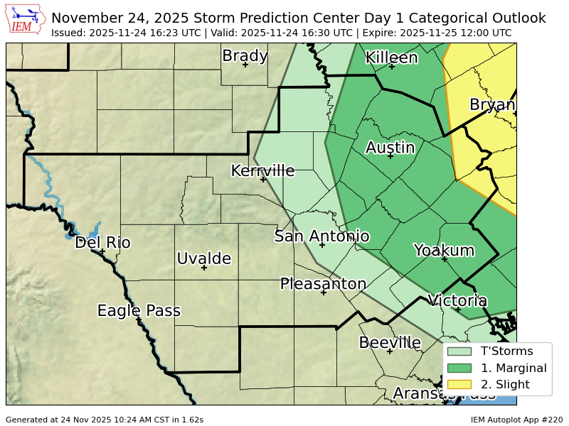 ScannerAtx's tweet image. #SPC issues Day 1 Slight Convective Risk at Nov 24, 16:23z for EWX spc.noaa.gov/products/outlo…