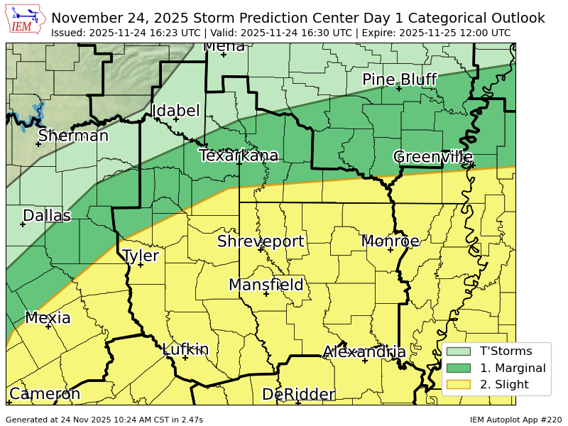 MichaelSearcy's tweet image. #SPC issues Day 1 Slight Convective Risk at Nov 24, 16:23z for SHV spc.noaa.gov/products/outlo…