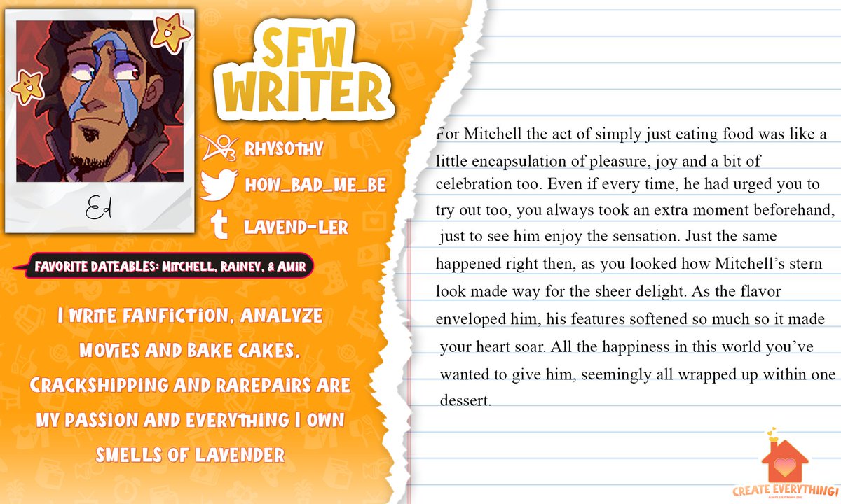 createfanzine's tweet image. ✨CONTRIBUTOR SPOTLIGHT✨

Introducing the first of our handful of writers @how_bad_me_be! Ed is sure to delight us with a wonderful written addition to the zine!

#dateeverythinggame #dateeverything