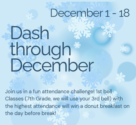 PRMSKNIGHTS's tweet photo. PRMS had a great No Miss November with 204 students attending all day every day in the month of November!  Our December Attendance push will be a class challenge!  Dash Through December - don't let your classmates miss a Donut Breakfast! https://t.co/Hu6YspaSgo