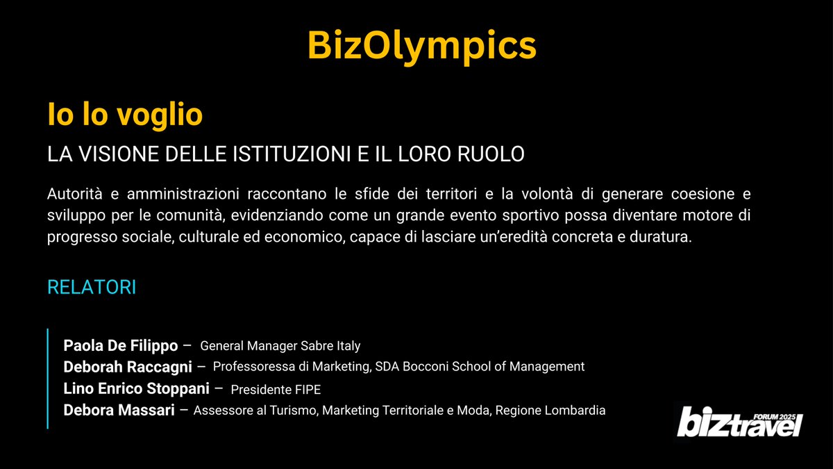 🏅Si accendono i BizOlimpics con "Io lo voglio – La visione delle istituzioni e il loro ruolo”
Un panel che guarda ai territori e a come un grande evento sportivo possa diventare spinta reale per coesione e sviluppo.

👉Scopri di più sul programma →new.biztravelforum.it/#agenda