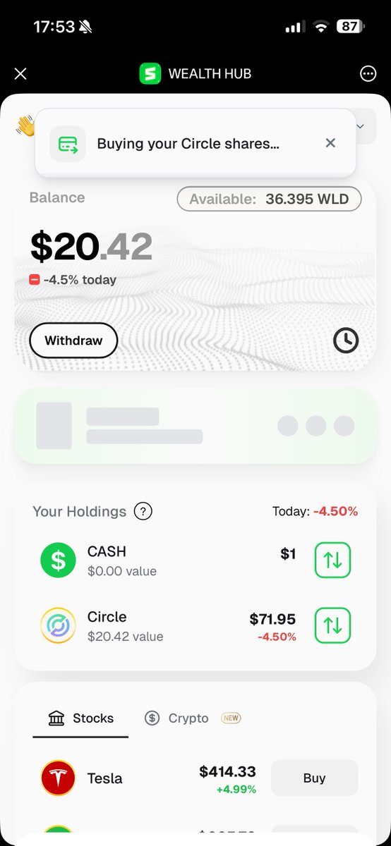 Sholi_software's tweet image. I didn’t know I could buy-sell
STOCKS directly in the World App! $WLD

I just bought Circle (USDC) stock 🔥

App with stocks: @stacknapp