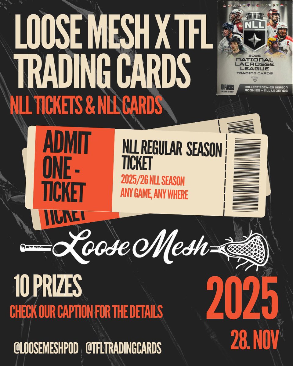 🎟️ NLL TICKET GIVEAWAY — 10 WINNERS 🎟️🔥
We’re giving away 20 NLL card packs + tickets to ANY NLL game.

PRIZES:
🥇 1st: 2 tickets + 4 card packs
🥈 2nd: 2 tickets + 2 packs
🥉 3rd: 2 tickets + 2 packs
💥 Bonus: 7 winners get 2 packs each

HOW TO ENTER:
1️⃣ Follow @loosemeshpod &amp;