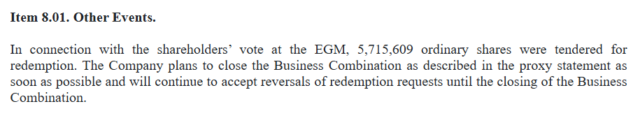 $RDAC

There were 5,750,000 shares subject to possible redemption.

Shareholders elected to redeem 5,715,609 shares of Class A common stock in connection with the meeting.

34,391 shares remain in the public float.