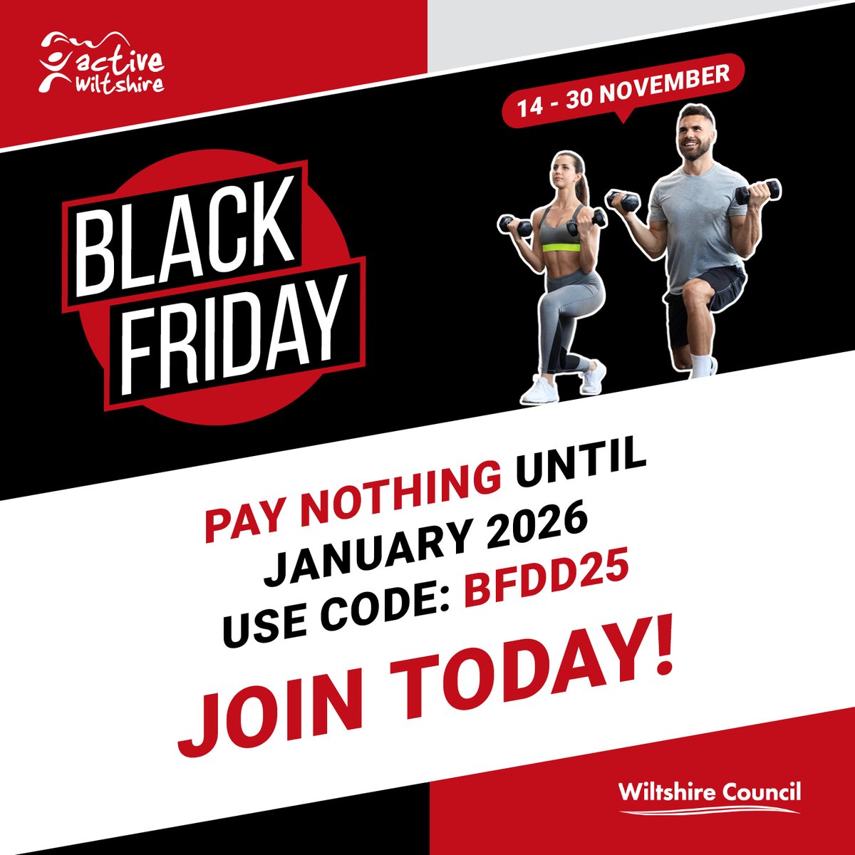 Start a new direct debit membership this week as part of our <a href="/wiltscouncil/">Wiltshire Council #WiltshireTogether</a> leisure centre #BlackFriday membership promotion, and pay nothing until January! 
Selected memberships, terms apply. 
More info at wiltshire.gov.uk/leisure-promot…