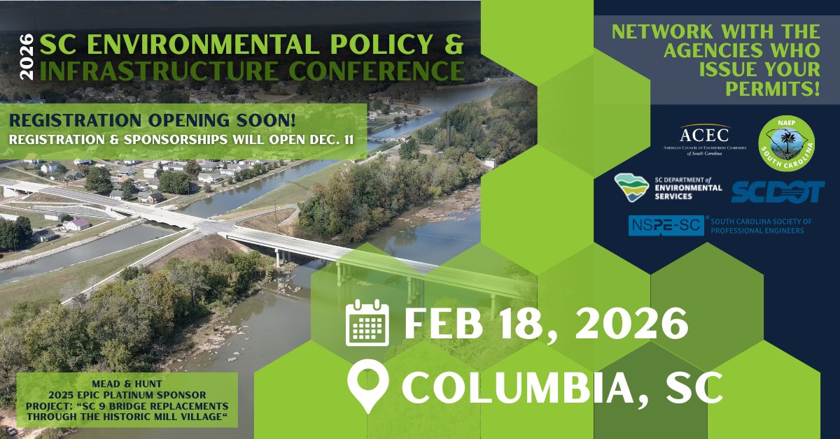 theACECSC's tweet image. Attention Engineers! 🚨🌱 The 2026 SC EPIC Conference needs your help to kickstart. Don’t miss your chance to contribute to a sustainable future by taking part. Registration and sponsorships open December 11! #2026SCEPIC #ACECSC #SCSPE #NAEP #SCDES #SCDOT