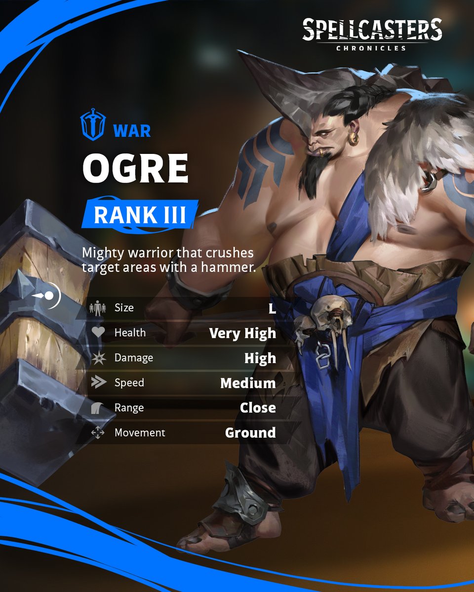 Ogres are Rank 3 large creatures that use their enormous hammer to crush areas and enemies. They are very good at charging through battalions of small creatures and dealing damage to structures. Spellcasters can also infuse them with magic to make them stronger!

Register for the