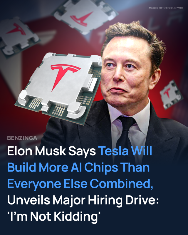Benzinga's tweet image. Elon Musk says Tesla plans to build more AI chips than every other company combined. 

He revealed that $TSLA has spent years developing its own chips and has already deployed several million across its vehicles and data centers. These chips power Tesla’s real-world AI systems…