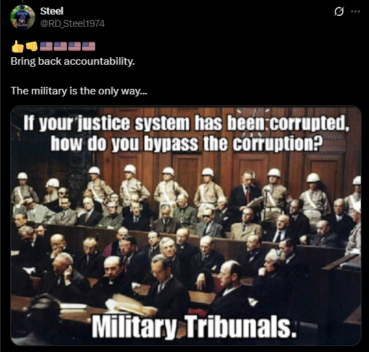 SantaSurfing's tweet image. BOSS COMING IN HOT! 🔥🔥🔥🔥
He Reposted this post. 

Meme:
"If your justice system has been corrupted how do you bypass the corruption?
Military Tribunals."

truthsocial.com/@realDonaldTru…