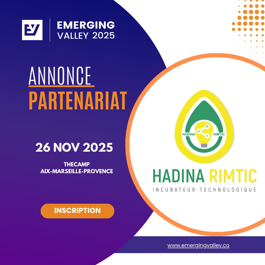 #Partenaire
🤝 #EMERGINGValley2025 est fier de compter Hadina RIMTIC parmi ses partenaires.

🇲🇷 Acteur majeur de l’innovation en Mauritanie, Hadina RIMTIC révèle les talents et soutient la création d’entreprises à impact depuis 2014.

Pionnier de l’incubation dans le pays,