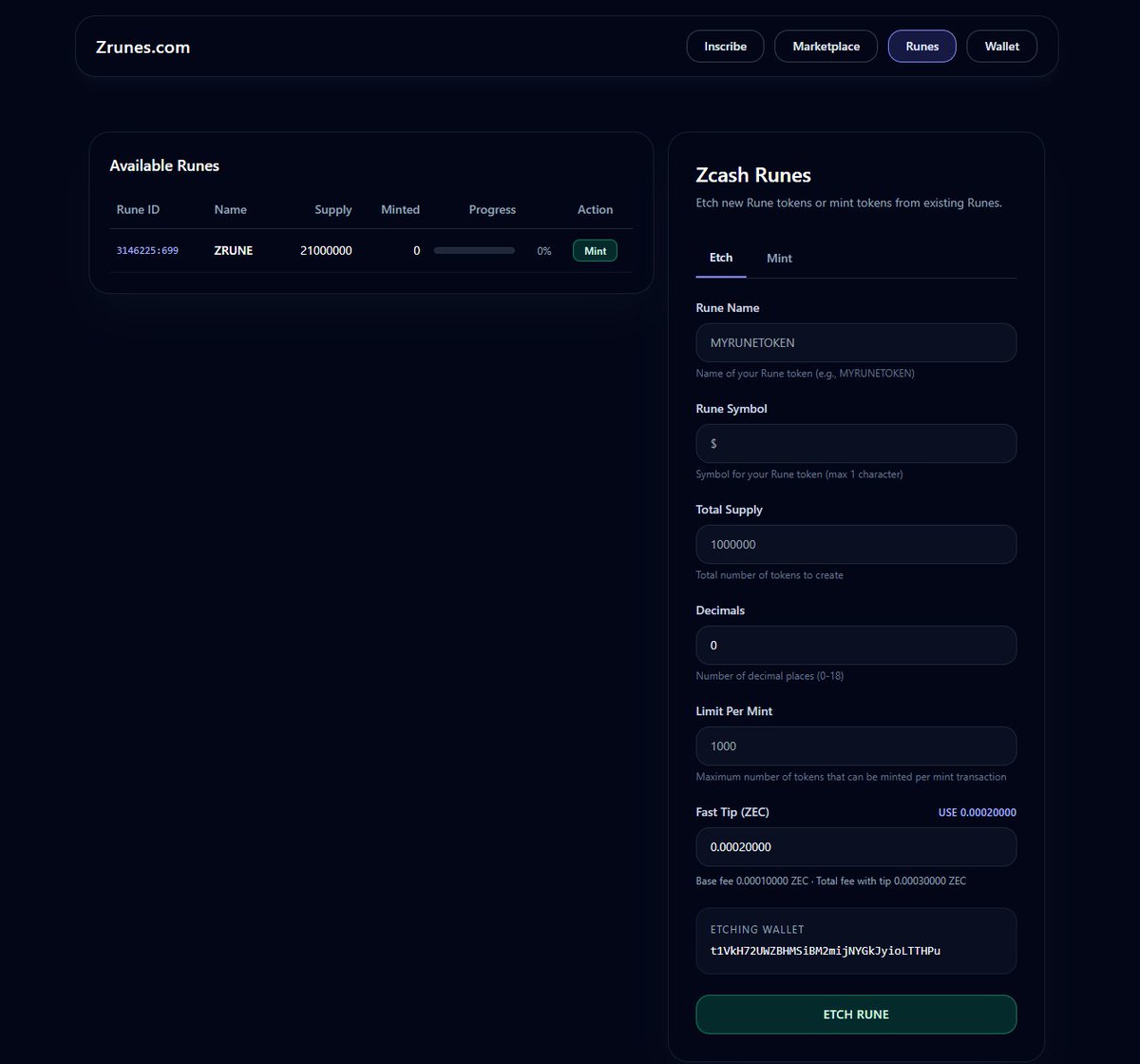 Runes on <a href="/Zcash/">Zcash 🛡️</a> are officially live. 🧪 [ Experimental ]

Free, open-source, and fair — explore at zrunes.com
Mint • Trade • Etch
First rune etched at height 3146225:699
Block: 3146225
blockchair.com/zcash/block/31…