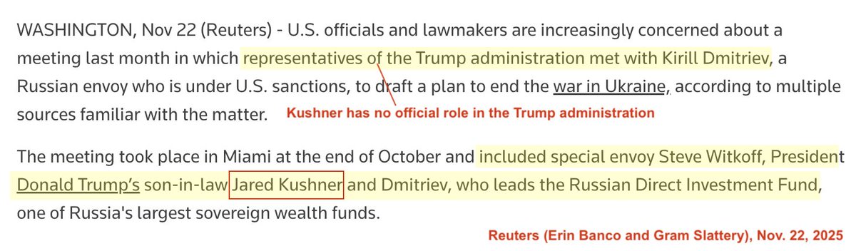 capitolhunters's tweet image. Jared Kushner has no official role in US foreign policy at all. He swore he would play no role. He has massive conflicts of interest. He knows nothing about Ukraine. But here he is again, trying to manipulate the world, for his own benefit, and Putin&apos;s. 5/
reuters.com/world/europe/t…