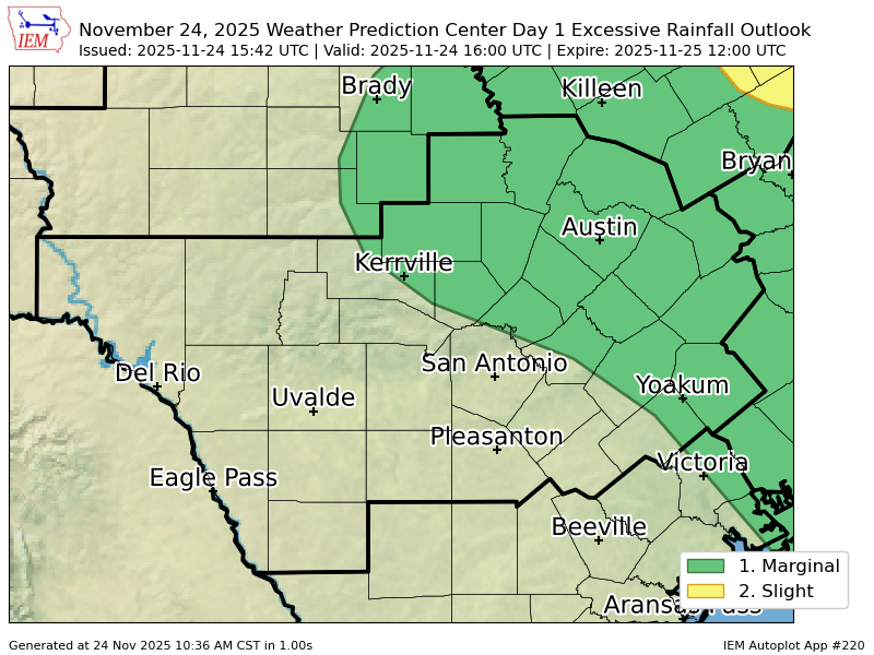 EWXBot's tweet image. WPC issues Day 1 Marginal Risk Excessive Rainfall Outlook at Nov 24, 15:42z for EWX wpc.ncep.noaa.gov/qpf/excessive_…
