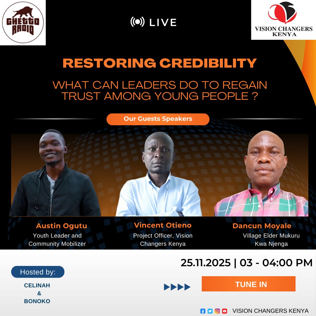 kesho on <a href="/GhettoRadio895/">Ghetto Radio</a>
The Trust Conversation Begins Young people are demanding better and today, the leaders step up to answer!  Austin Ogutu, Vincent Otieno, and Dancun Moyale unpack HOW leadership can regain its credibility among the youth.  
 #BuildingTrust #CommunityVoices