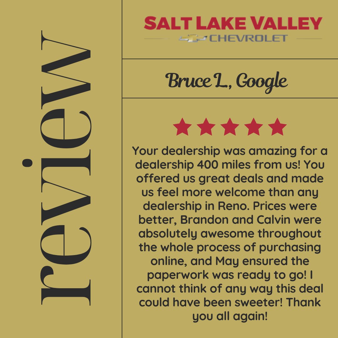 SLVChevy's tweet image. Thank you, Bruce! We truly appreciate your kind words about your experience with us at Salt Lake Valley Chevrolet. Your satisfaction means a lot to us! We look forward to seeing you again and hope you enjoy your new vehicle!