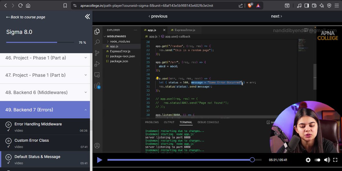 dibyendu2005's tweet image. Day 79 — Errors? Not scary anymore 😎
Learned:
🧯 Error-handling middleware
🧱 Custom Error Class
✅ Default status &amp;amp; message setup
Backend feels way more in control now 💪
#100DaysOfCode #ExpressJS #NodeJS #Backend