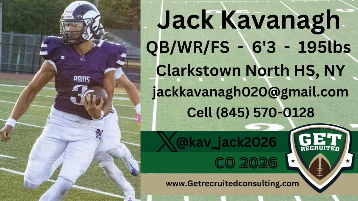 Get__Recruited's tweet image. Jack Kavanagh - CO 2026 - QB/WR/FS - 6&apos;3, 195lbs - 3.66 GPA - Big, fast, athletic, versatile. Clarkstown North HS, NY. Profile: app.productiverecruit.com/profile/jack-k… @1of1lifeskills @kav_jack2026 @CCSUFootball @DuqFB @LIUSharksFB @RMU_Football @RedFlashFB @StonehillFB @Wagner_Football