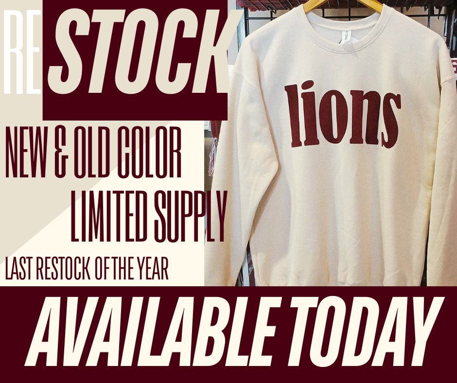 Our lions flocked sweatshirts are back in stock in the original cream color and NEW sand color! Limited stock, get yours today!  #RestockAlert #SweatshirtSeason #FlockStyle ow.ly/ZPe050Xw4QX