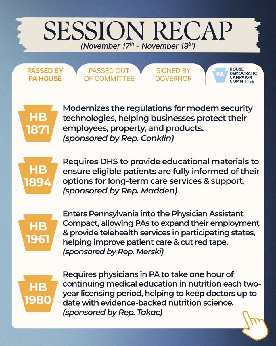 🚨 HB 1871 sponsored by Rep. <a href="/ScottConklinPA/">Scott Conklin</a> 

🧓 HB 1894 sponsored by Rep. Madden 

🩺 HB 1961 sponsored by Rep. <a href="/BobMerski/">Bob Merski</a> 

⚕️ HB 1980 sponsored by Rep. Takac

3/6