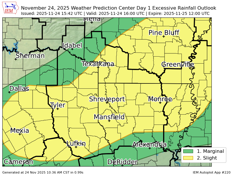 iembot_shv's tweet image. WPC issues Day 1 Slight Risk Excessive Rainfall Outlook at Nov 24, 15:42z for SHV wpc.ncep.noaa.gov/qpf/excessive_…