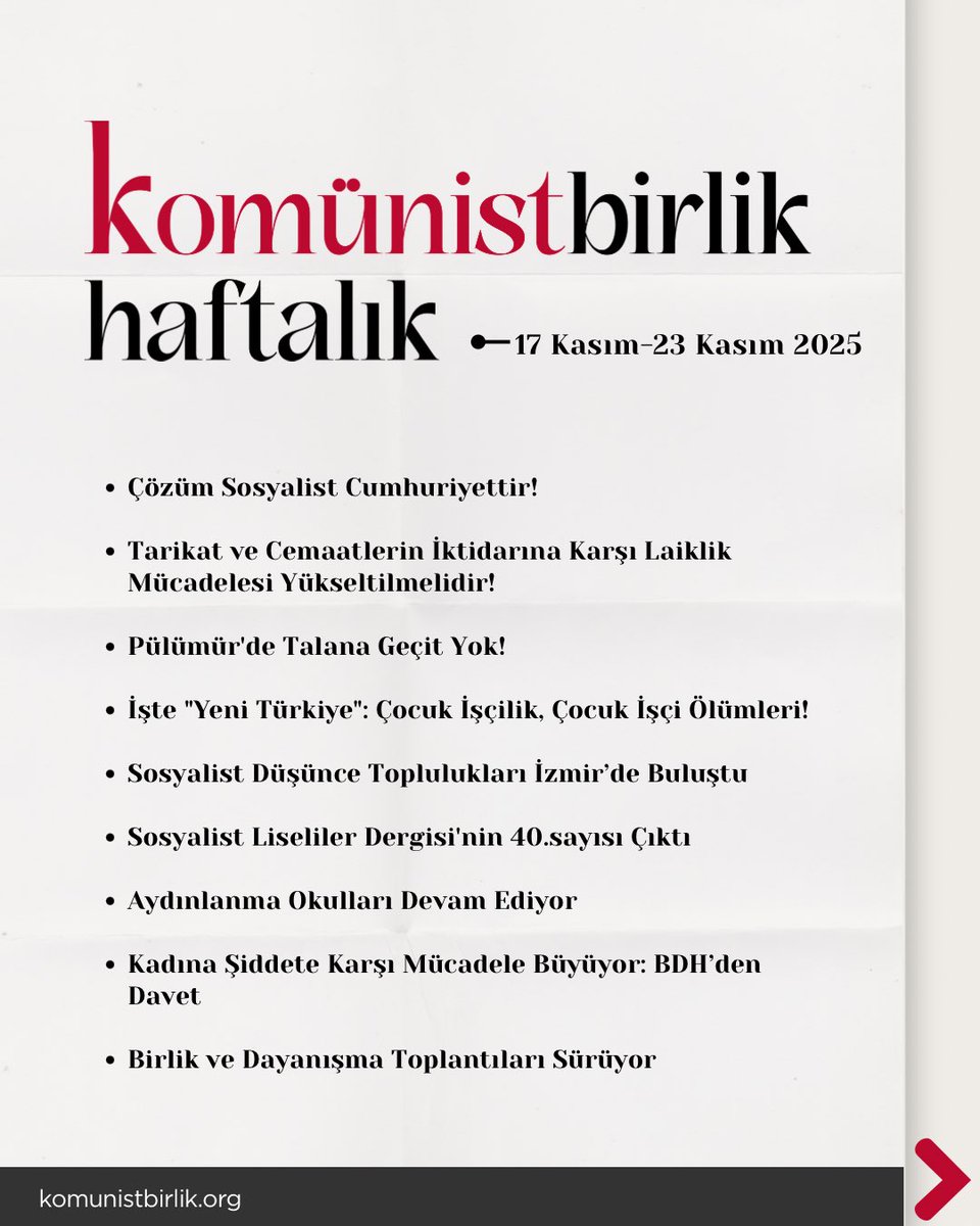 Haftanın önemli gelişmelerini değerlendirdiğimiz 'Komünist Birlik Haftalık' bülteni yedinci sayısıyla yayında.

📌Komünist Birlik Haftalık 17 Kasım-23 Kasım 2025

🔗 Bültenin tamamına ulaşmak için:
komunistbirlik.org/komunist-birli…