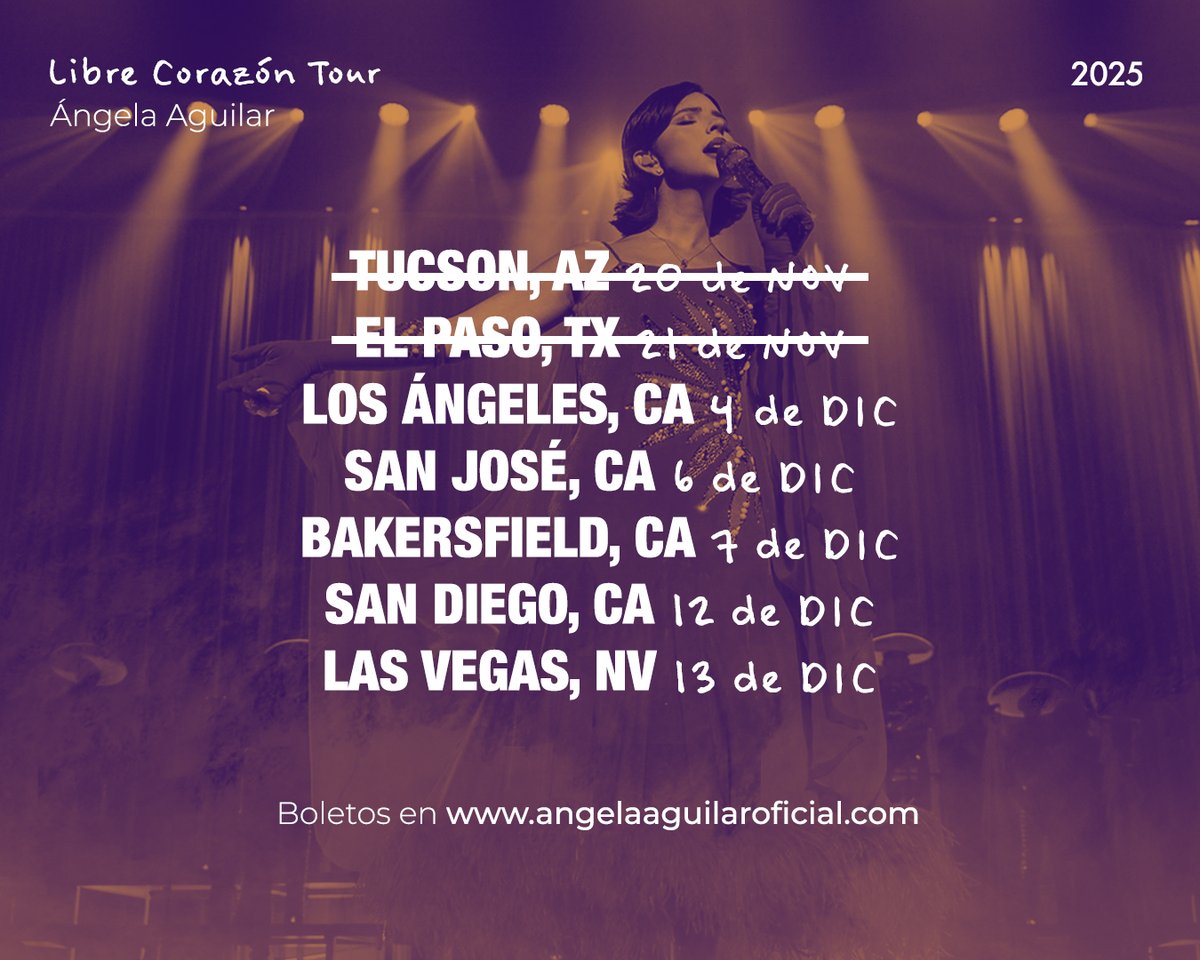 La siguiente fecha del Libre Corazón Tour será en Los Ángeles el 4 de diciembre. ⭐️

🎟️ angelaaguilaroficial.com/tour.html