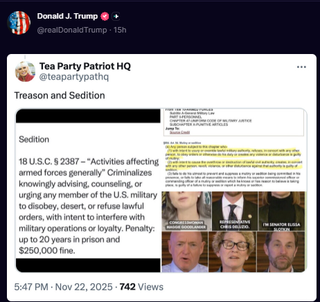 SantaSurfing's tweet image. BOSS!!!! Reposted this meme:
Picture of the 6 Democrats that told Service Members and the CIA to defy orders.

Meme:
"Treason and Sedition
18 USC 2387"
---
18 USC 2387: Activities affecting armed forces generally
Text contains those laws in effect on November 23, 2025
From Title…