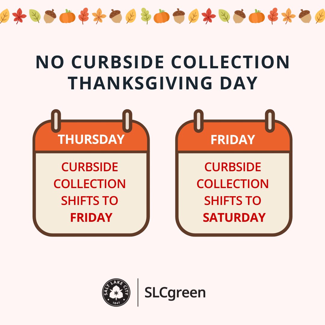 The Waste &amp; Recycling teams will be taking a well-deserved break Thanksgiving Day 🥧 Thurs &amp; Fri collection will be bumped by one day. Please share this with your neighbors &amp; have a safe and happy holiday!

Collection maps &amp; more information here: slc.gov/sustainability…

<a href="/SLCgov/">Salt Lake City Government</a>