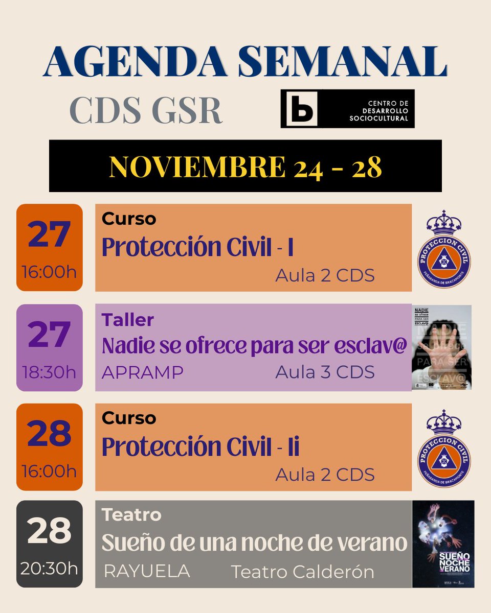 Agenda semanal en el CDS GSR 📅
Manifiesto, teatro, cine, jornadas Verifactu, cursos y más. ¡Te esperamos! 💜