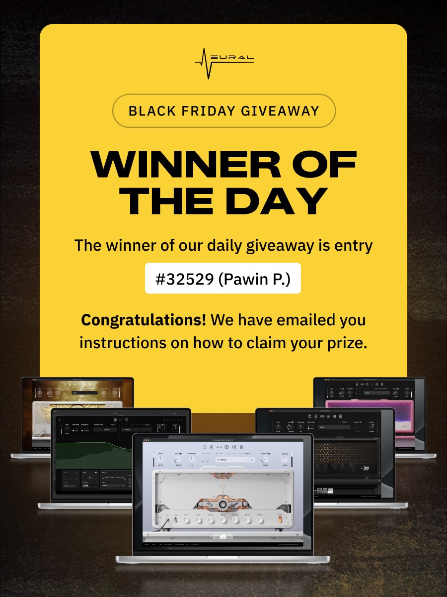 NeuralDSP's tweet image. Our Black Friday Giveaway winner for today is Pawin P. (entry 32529) - Congratulations! 🎉 

Check those emails! 📧👀

Get involved in the Black Friday Madness at: ndsp.co/bf25