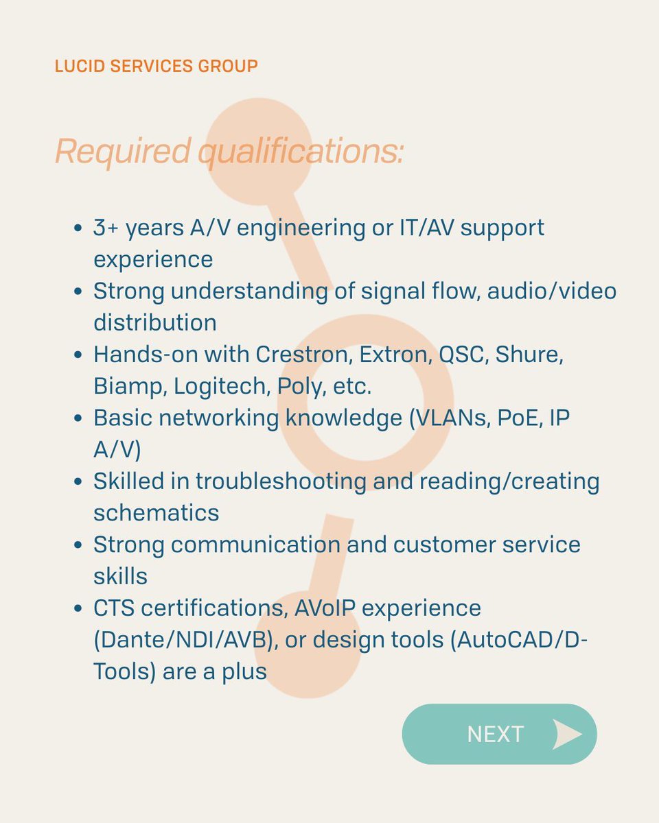 LucidS_G's tweet image. We’re hiring an A/V Engineer!
Work hands-on with installs, hybrid meeting tech, Crestron/Extron gear, troubleshooting, and live event support.
CTS + AVoIP experience = huge plus.
Apply now: bit.ly/4ik6iHE

#AVTech #AVEngineer #Hiring #TechJobs #LucidServicesGroup