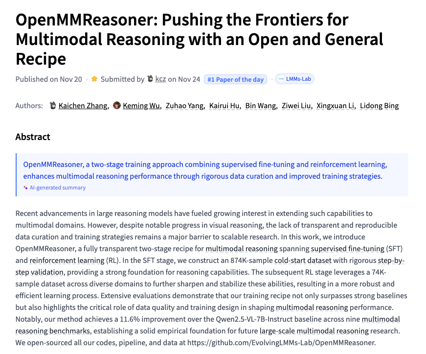 OpenMMReasoner

Pushing the Frontiers for Multimodal Reasoning with an Open and General Recipe