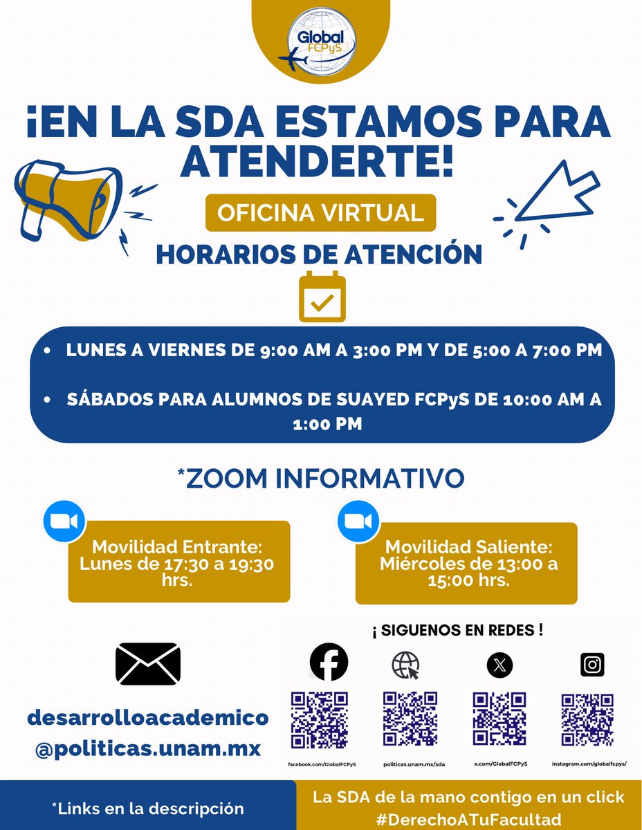 GlobalFCPyS's tweet image. Oficina virtual de la SDA 🤓🌎

🔗 Lunes 24 de noviembre: cuaed-unam-mx.zoom.us/j/85027649105?…

🔗 Miércoles 26 de noviembre: cuaed-unam-mx.zoom.us/j/84090717086

Para más información de movilidad, consulta nuestra página en: politicas.unam.mx/sda/