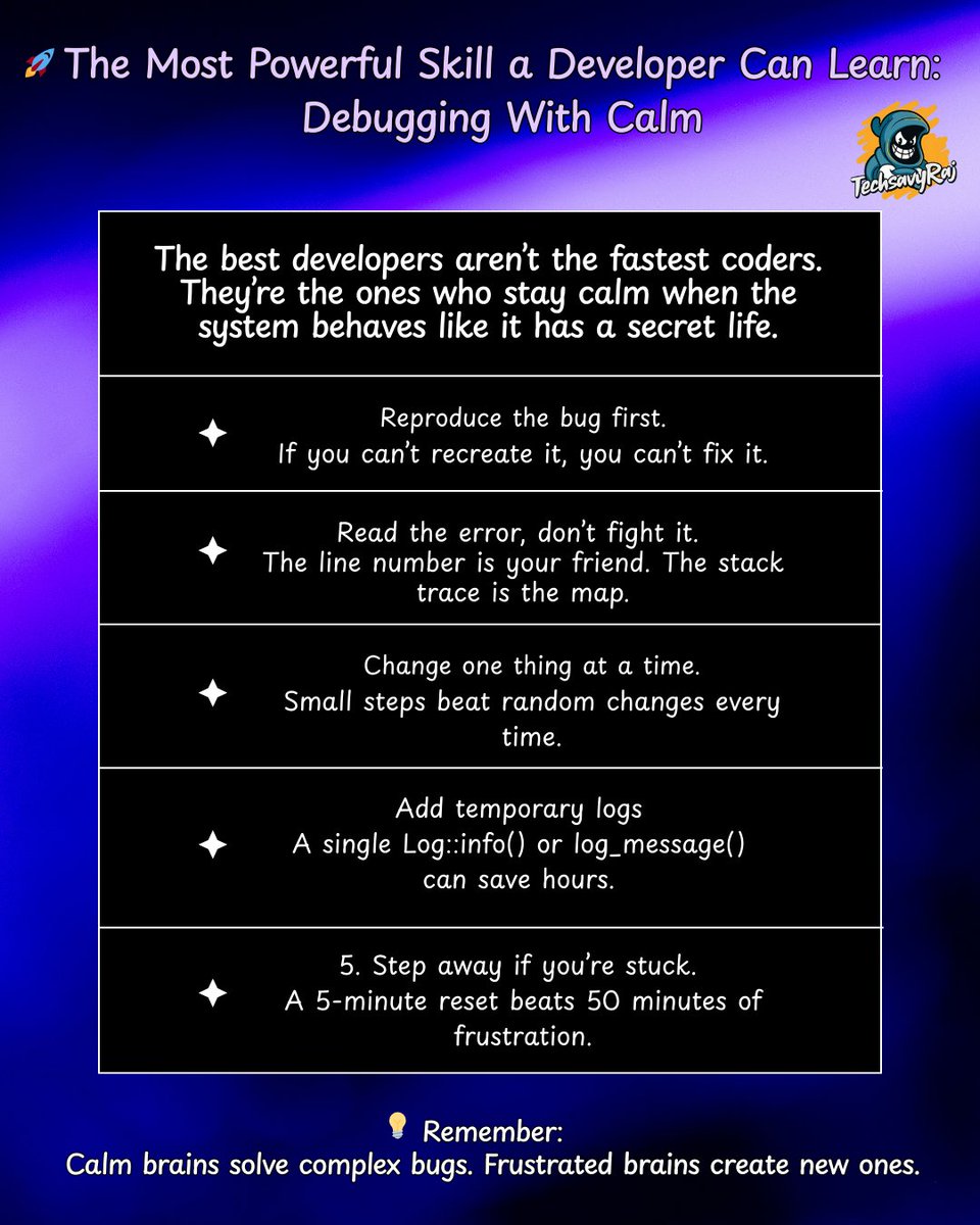 TechsavyRaj's tweet image. 🚀 The Most Powerful Skill a Developer Can Learn: Debugging With Calm

#PHP #Laravel #CodeIgniter #BackendEngineering #Debugging #CleanCode #WebDevelopment #SoftwareEngineering