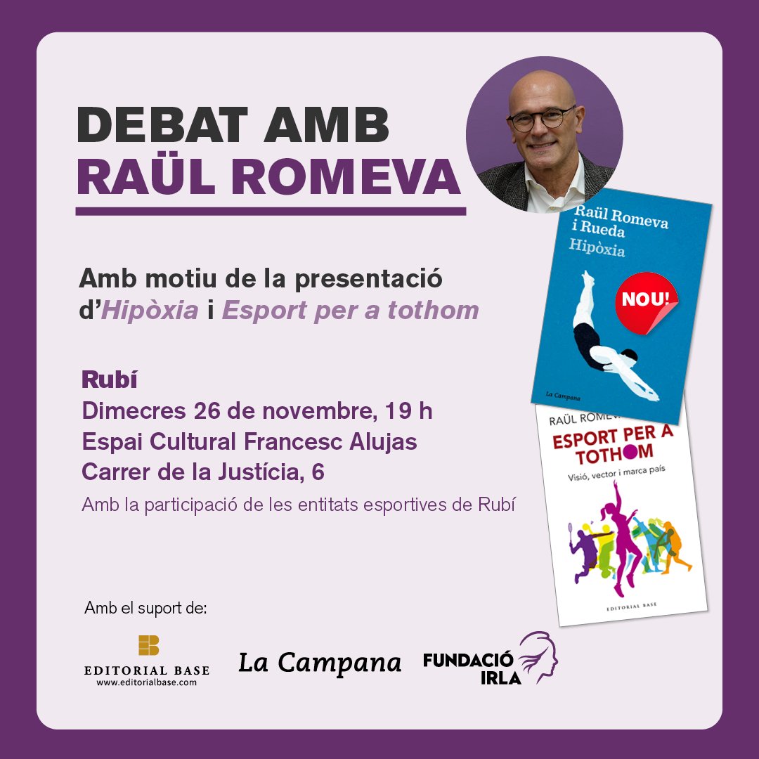 Aquest dimecres 🗨️ <a href="/raulromeva/">Raül Romeva i Rueda</a> presentarà a #Rubí els darrers llibres dedicats a l’esport com a eina de transformació, salut i cohesió social 👉📕"Esport per a tothom" i 📙 "Hipòxia"
 
🕖 a partir de les 19h
📍 a l'<a href="/EspaiAlujas/">Espai Cultural Francesc Alujas</a>