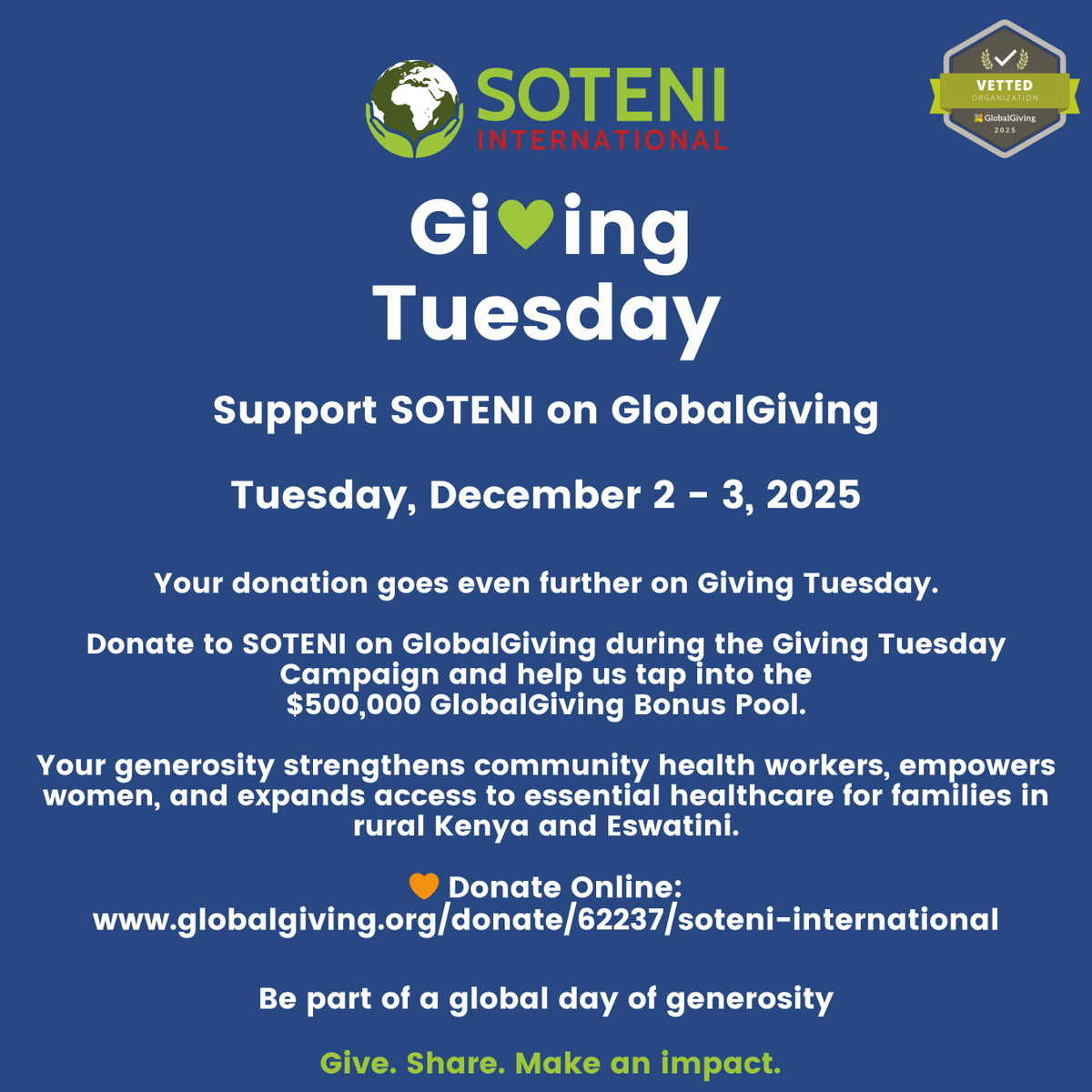 Giving Tuesday 💛
Support SOTENI’s GlobalGiving campaign from Dec 2-3 and help us unlock bonus funding for greater impact.
Save the Date: evt.to/ehgiahhaw
Donate: Link in bio
#GivingTuesday #SOTENI #SOTENIInternational #SwaziSHEROES