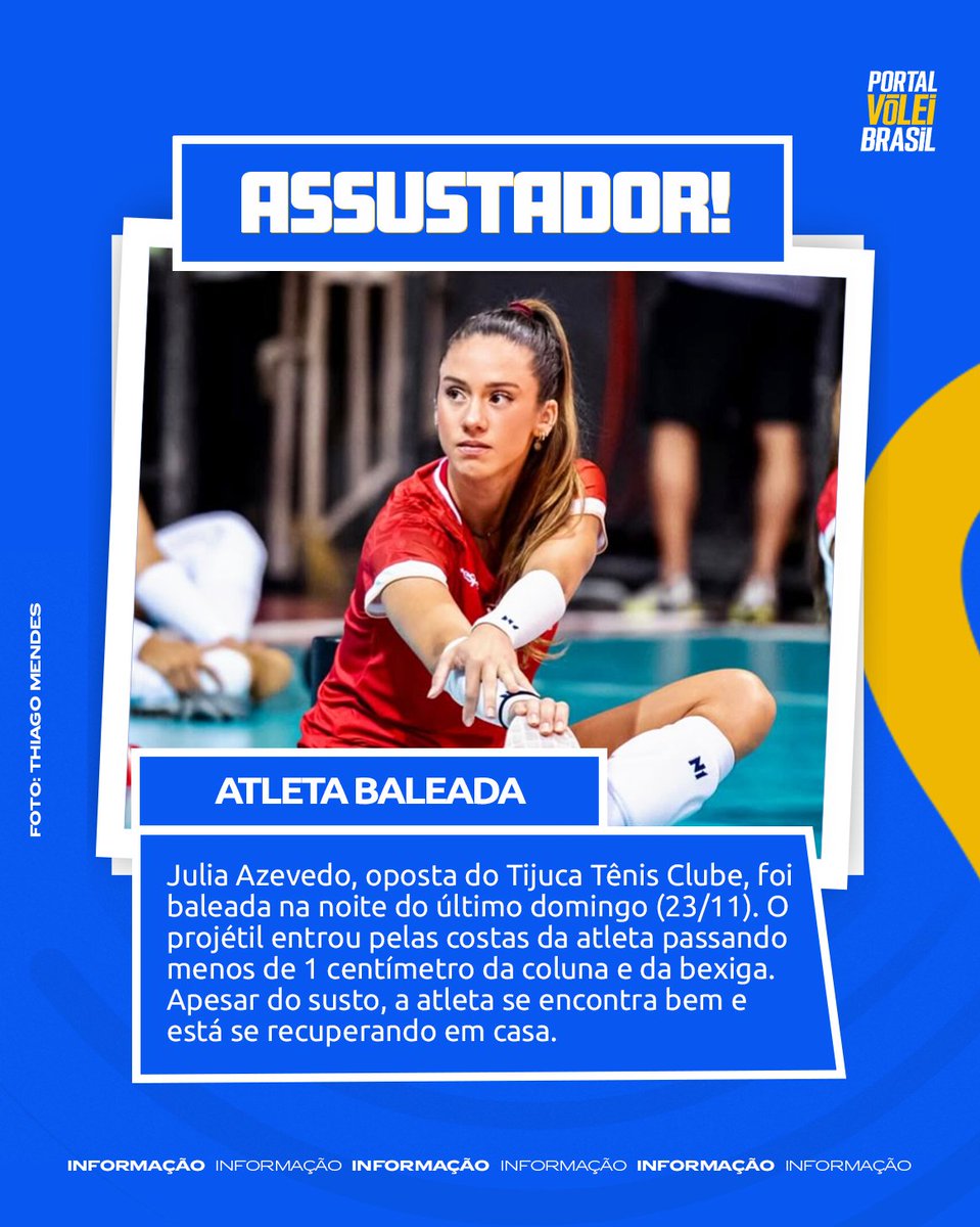portal_volei's tweet image. Júlia Azevedo, oposta do Tijuca Tênis Clube, foi baleada na noite do último domingo (23/11) após uma tentativa de assalto. O projétil entrou pelas costas da atleta passando menos de 01 centímetro da coluna e da bexiga. Apesar do susto, Júlia, que disputa a Superliga Feminina…
