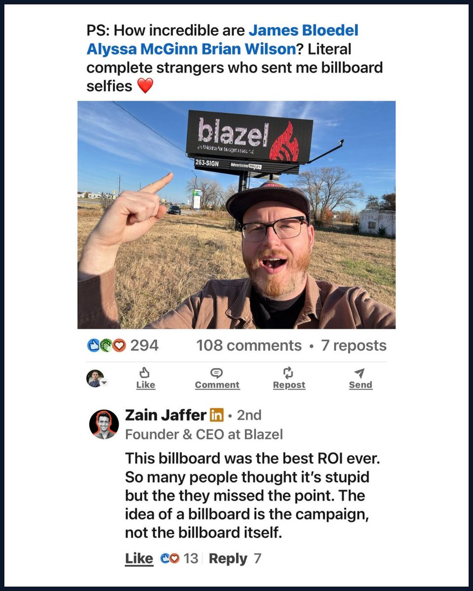 MagicViewAI's tweet image. Most people think OOH (Out of Home) advertising is dead.

But the founder proves the opposite here: The billboard wasn&apos;t the ad. The billboard was just the prop for the digital campaign.

When strangers are stopping their cars to take selfies with your brand, you’ve unlocked a…