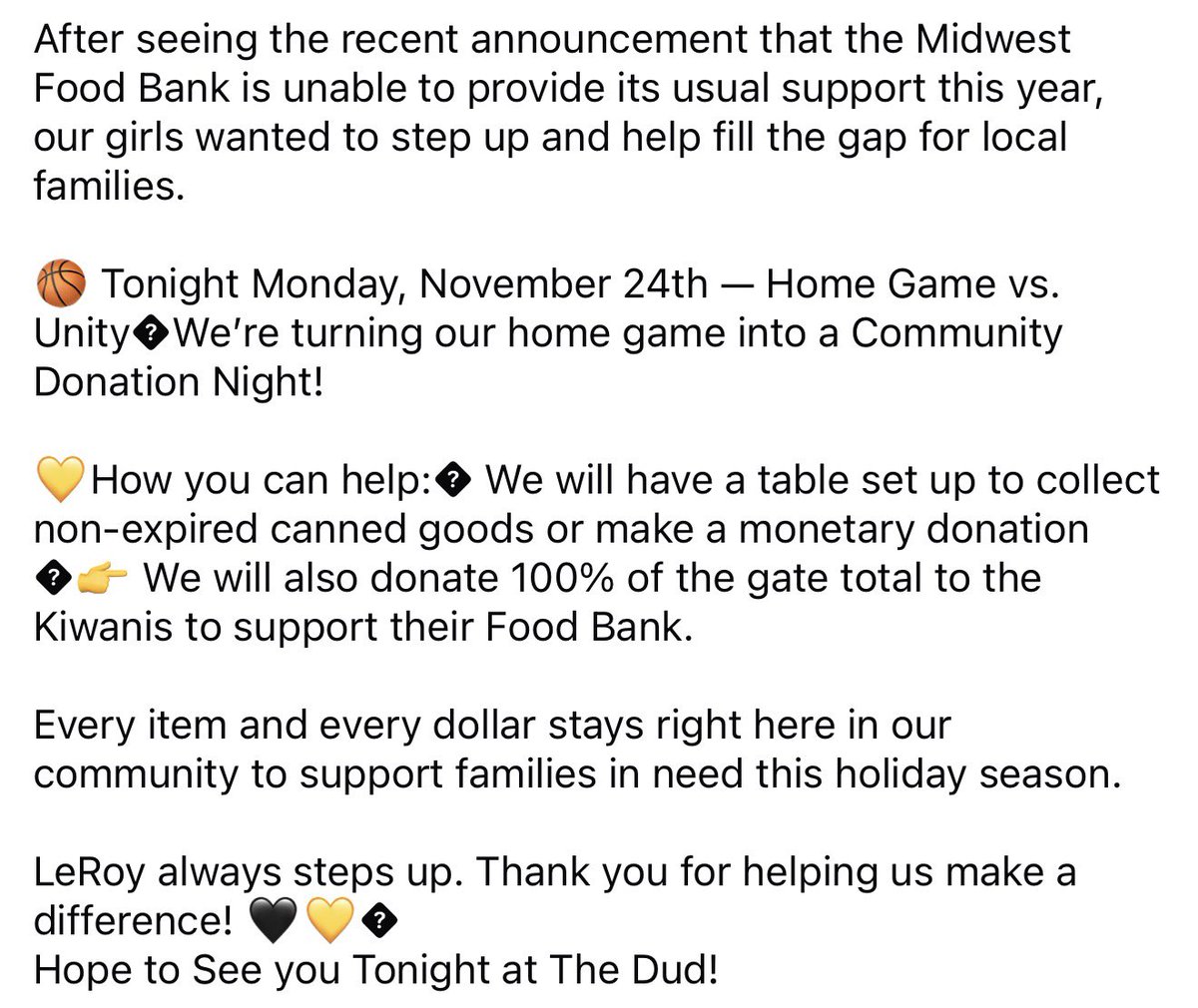 📣 Lady Panther Basketball &amp; LeRoy Key Club Community Give-Back Night! 🖤💛

Our LeRoy Lady Panther Basketball program is teaming up with the LeRoy Key Club to support the Kiwanis Christmas Food Collection.