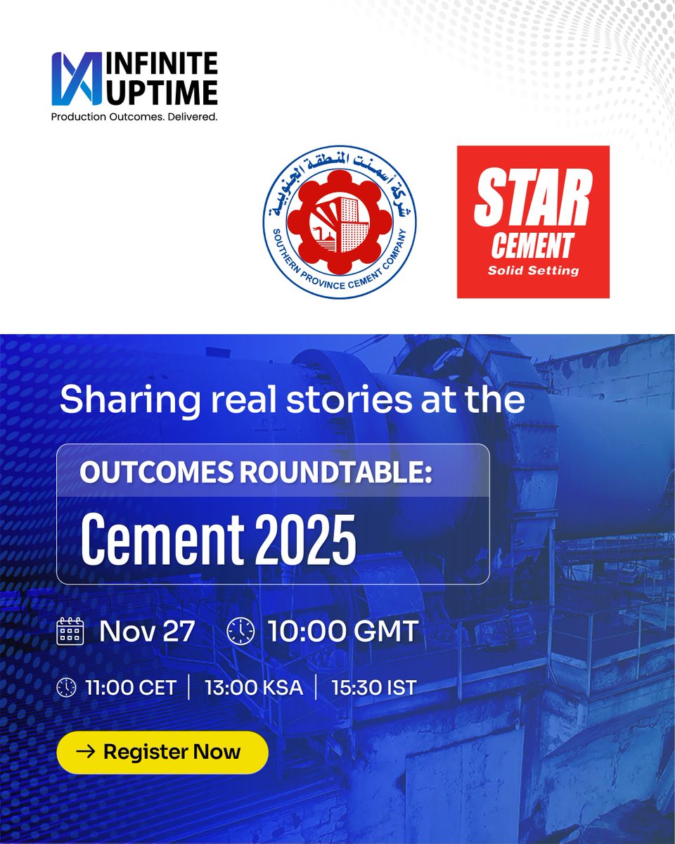 Learn how Star Cement &amp; SPCC leaders prevent high-impact failures &amp; cut unplanned downtime with clear actions. Outcomes Roundtable: Cement 2025

🗓 Nov 27th, 10:00 GMT

👉 Register: infinite-uptime.com/outcomes-round…

#AI4ProductionOutcomes #PlantOS #Cement #PrescriptiveMaintenance