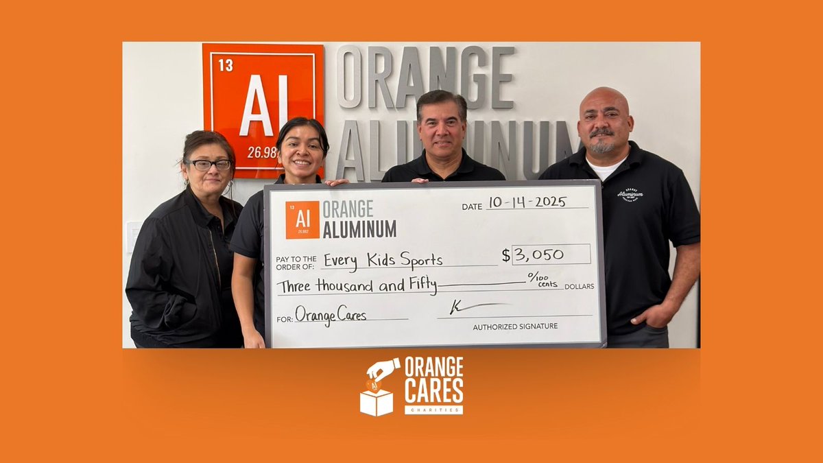 With the support of our customers and partners, Orange Aluminum donated $3,050 to Every Kids Sports to help fund scholarships and expand youth sports access.

Link to the blog - orangealuminum.com/blog/orange-ca…

#OrangeAluminum #OrangeCares #GivingBack